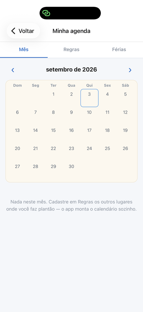 Minha agenda com as abas Mês, Regras e Férias